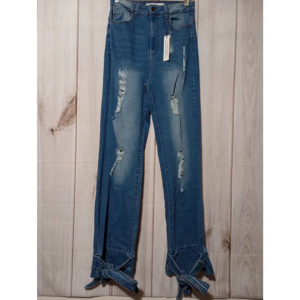 Highway Jeans Ladies 9 High Rise Skinny Light Wash Tie Bottom Hem Distressed